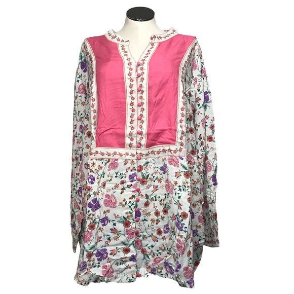 Woman Within Tops - Woman Within Tunic Top Womens Sz 5X Color Beige Floral Long Sleeves Notched Neck